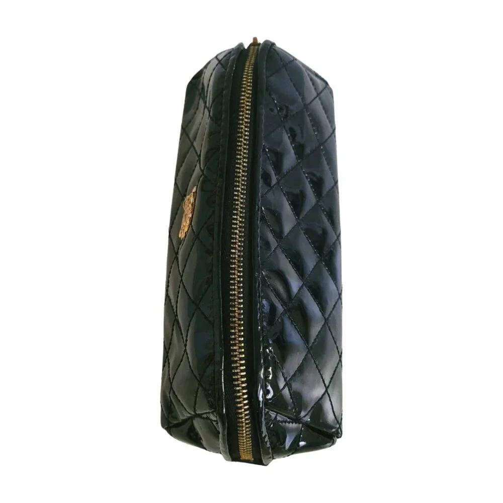 Rare BURBERRY Quilted Patent Leather Cosmetic Bag Black Gold Hardware Case